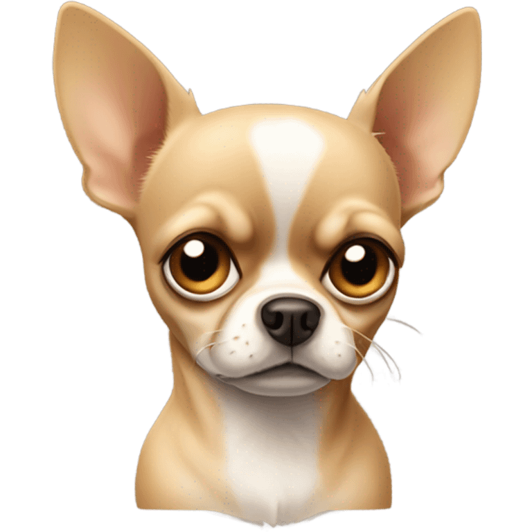 A beige chihuahua with a grumpy expression emoji