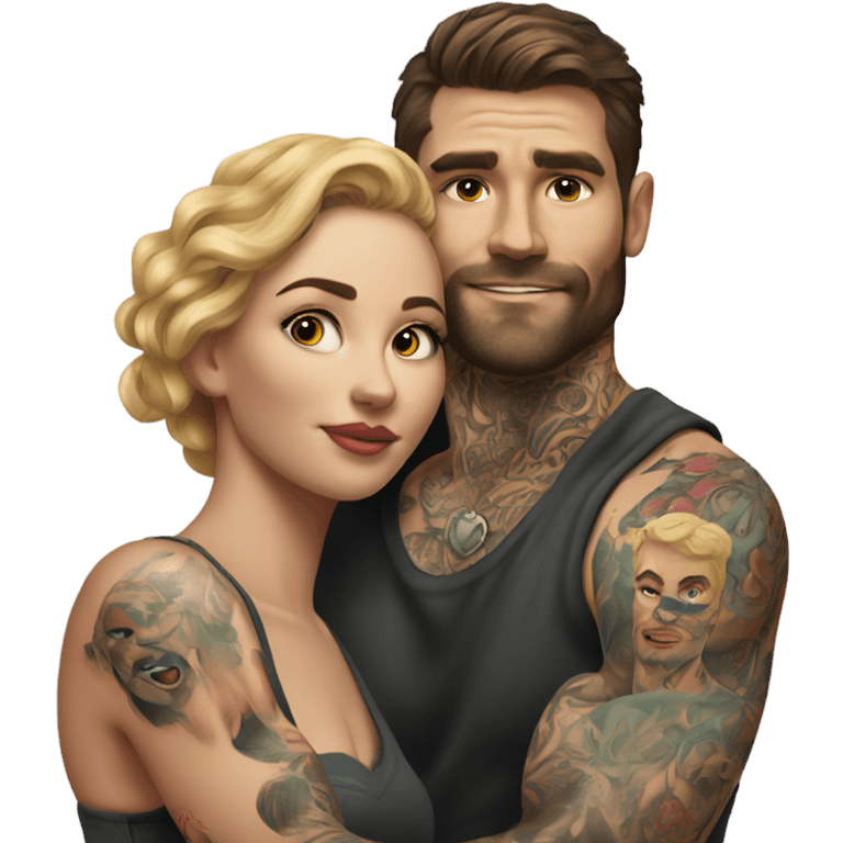 Hyper Realistic beautiful woman in the arms of a very handsome tattooed man  emoji