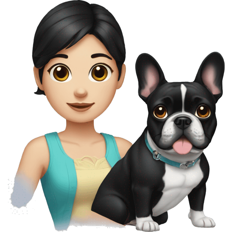 a black-haired girl and a French bulldog emoji