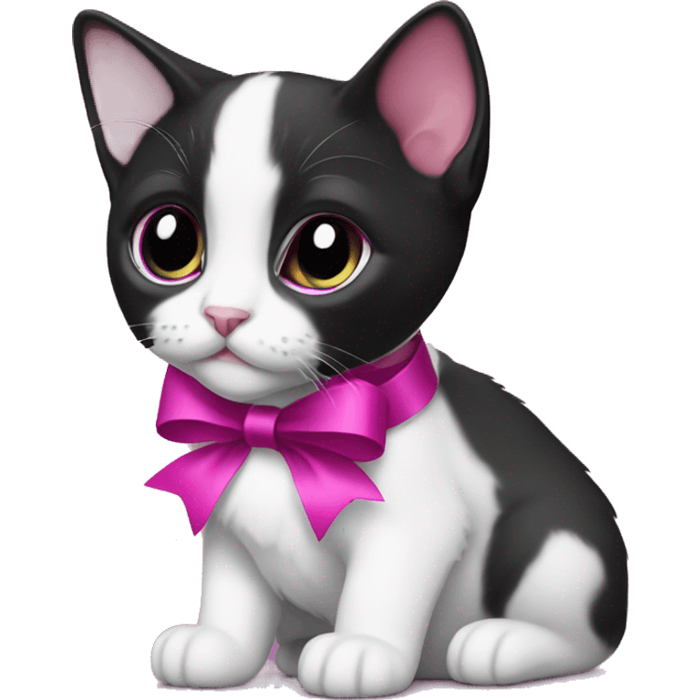 Tuxedo kitten with a magenta ribbon  emoji