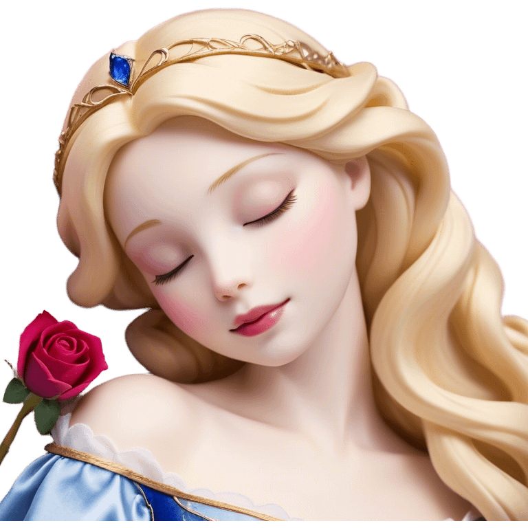 Cinematic Realistic Sleeping Beauty (Aurora) Portrait, with porcelain-like skin featuring a natural rosy flush, illuminated by soft lighting that highlights the gentle contours of her face. Her golden blonde hair flows in soft, detailed waves with subtle highlights that shimmer in the light. Her deep violet-blue eyes radiate warmth and innocence, framed by arched brows and long lashes. With a soft, serene smile, she holds a delicate rose gently in one hand, her other hand resting lightly by her side. She is dressed in her classic pink gown, the fabric rich in texture with delicate folds that catch the light. A golden crown rests atop her head, gleaming with royal refinement. The portrait captures a soft, glowing aura, blending realism with an ethereal sense of beauty and timeless enchantment. emoji