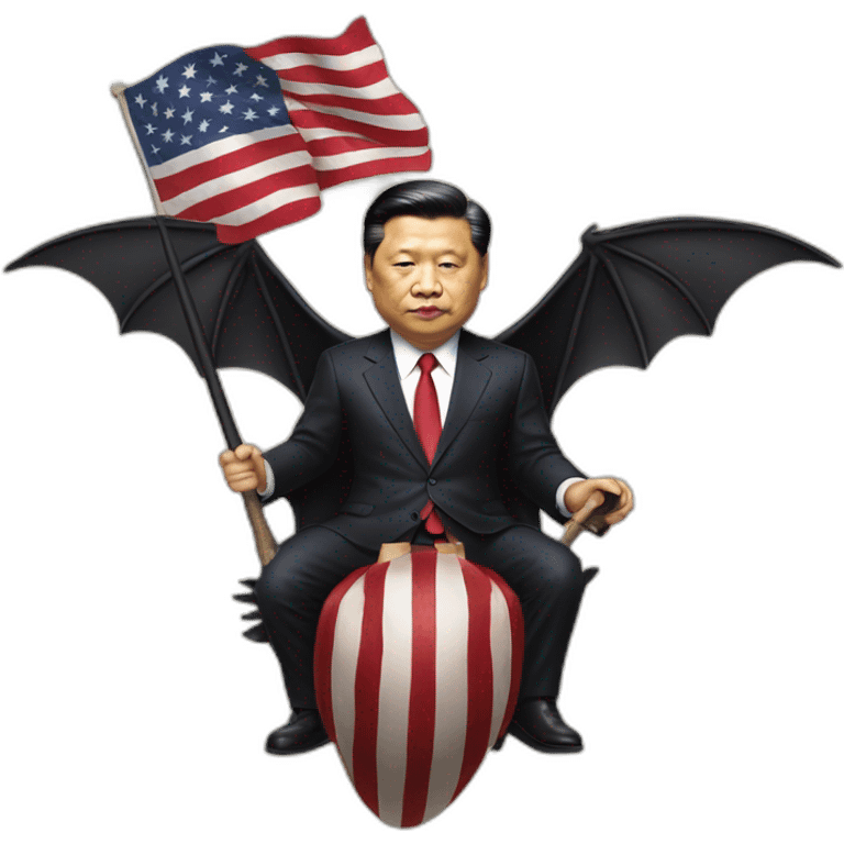 President Xi riding a animal bat with wings, with a America flag in his hand. emoji