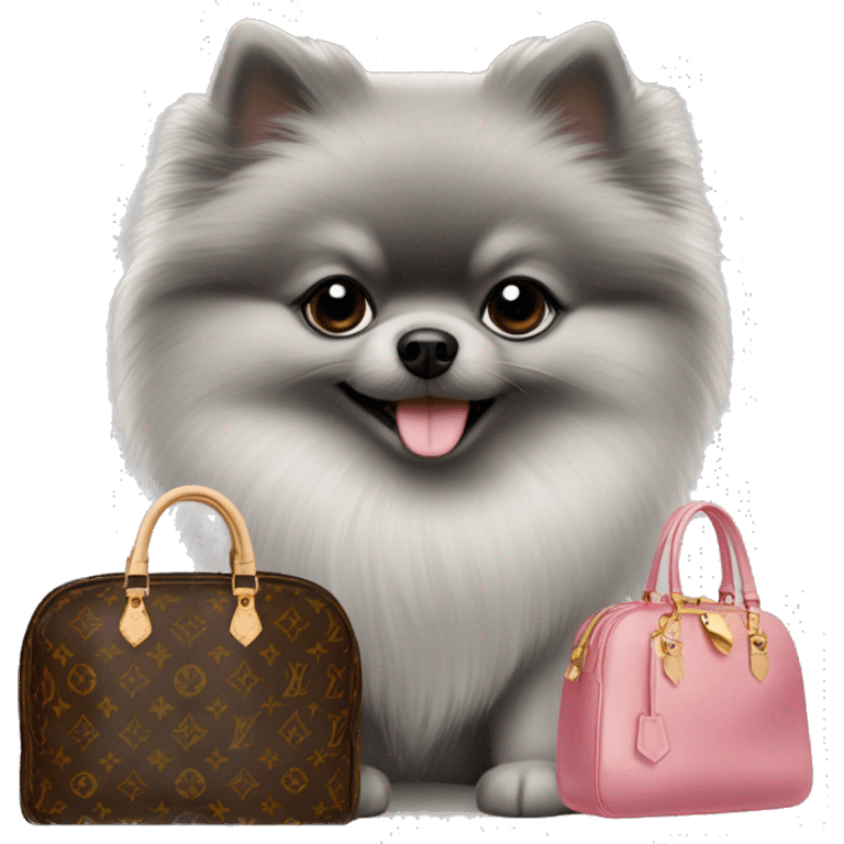 Little grey Pomeranian and a Louis Vuitton bag emoji