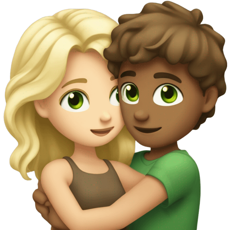 a beautiful boy with brown hair and green eyes hugging a blonde girl with brown eyes around the waist emoji