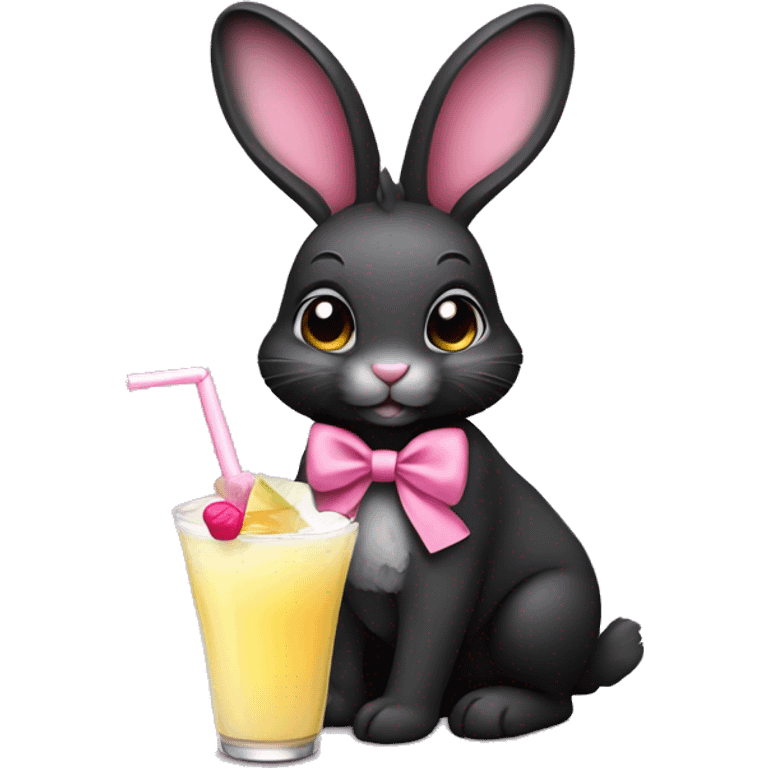 Cute Black rabbit, with big ears, wearing a pink bow, holding a pina colada emoji