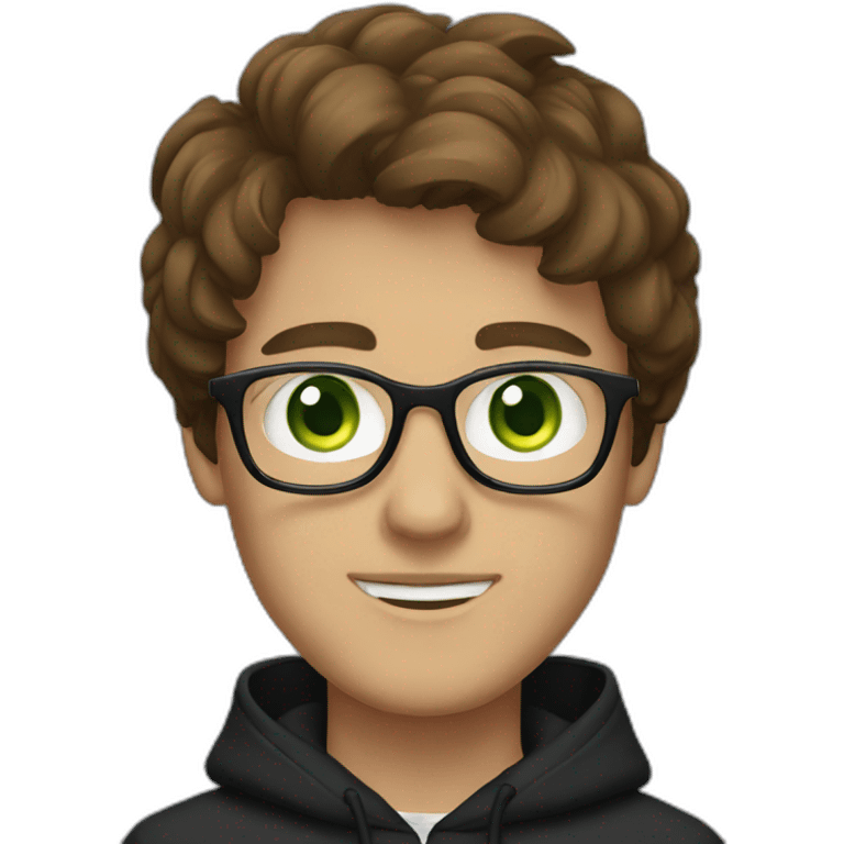 brown hair, glasses, green eyes, macbook, men, black hoodie, emoji