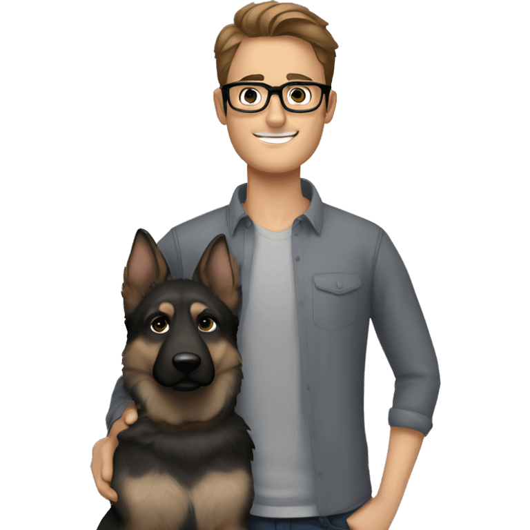 a handsome guy with brown hair, black thin stylish glasses and grey eyes hugging he grey german shepherd emoji