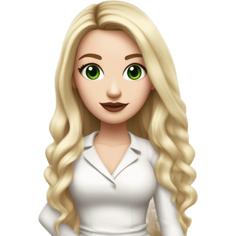 Realistic White girl with Long straight blonde hair, green eyes, tattoos, full body wearing white dress and pink knee-high leather boots, doing cute selfie pose emoji