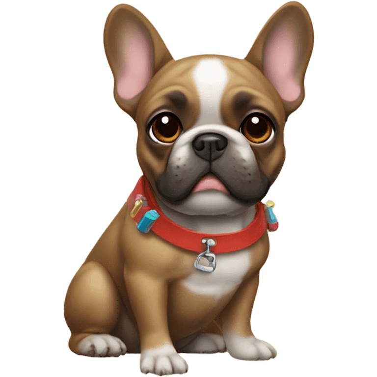 brown french bulldog holding  a water pistol emoji