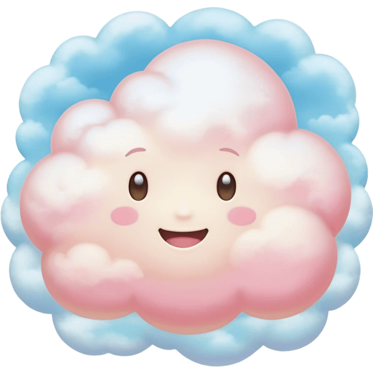 Cinematic round pastel cloud, soft puffy texture, gentle glowing edges, tiny happy face with blushing cheeks, floating in a dreamy sky, warm and magical. emoji