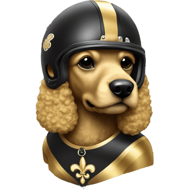 Gold poodle wearing a black football helmet with gold stripe and gold fleur de lis emblem emoji