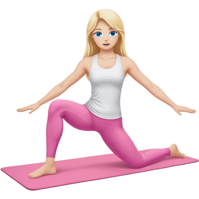 A cinematically realistic blonde with long hair and blue eyes, dressed in a white top and pink leggings, performs a sports exercise on a mat emoji