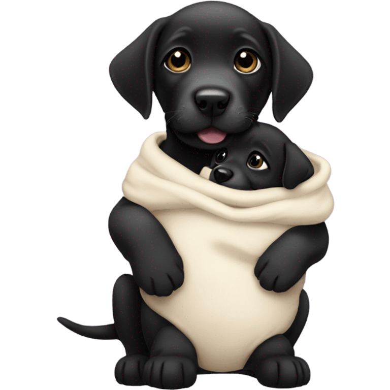 Black Labrador puppy holding a baby emoji