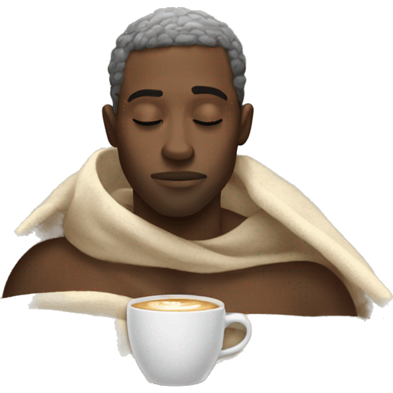 Black guy inside a blanket sipping coffee eyes closed emoji