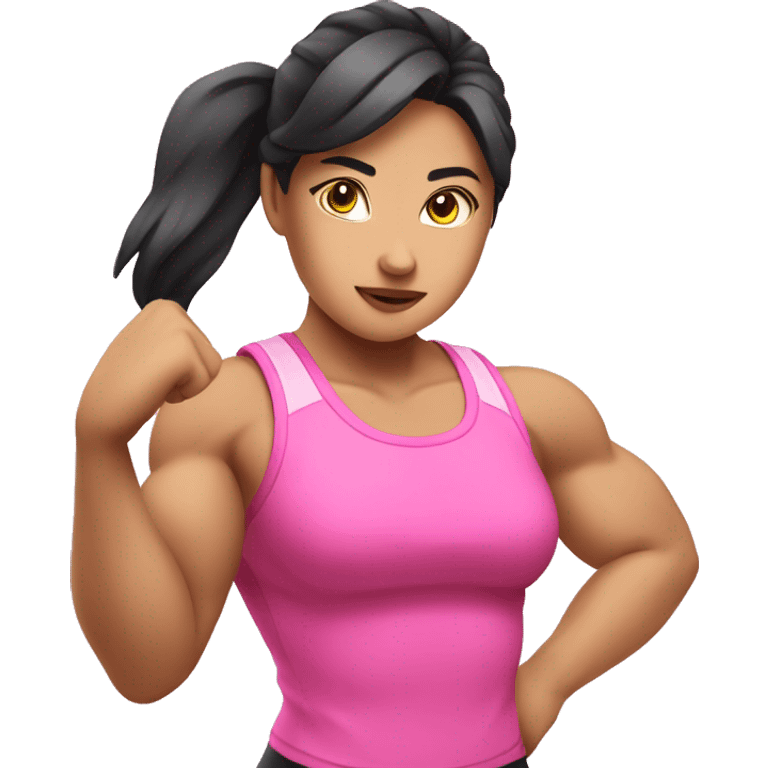 Athletic Asian girl show biceps wearing pink emoji