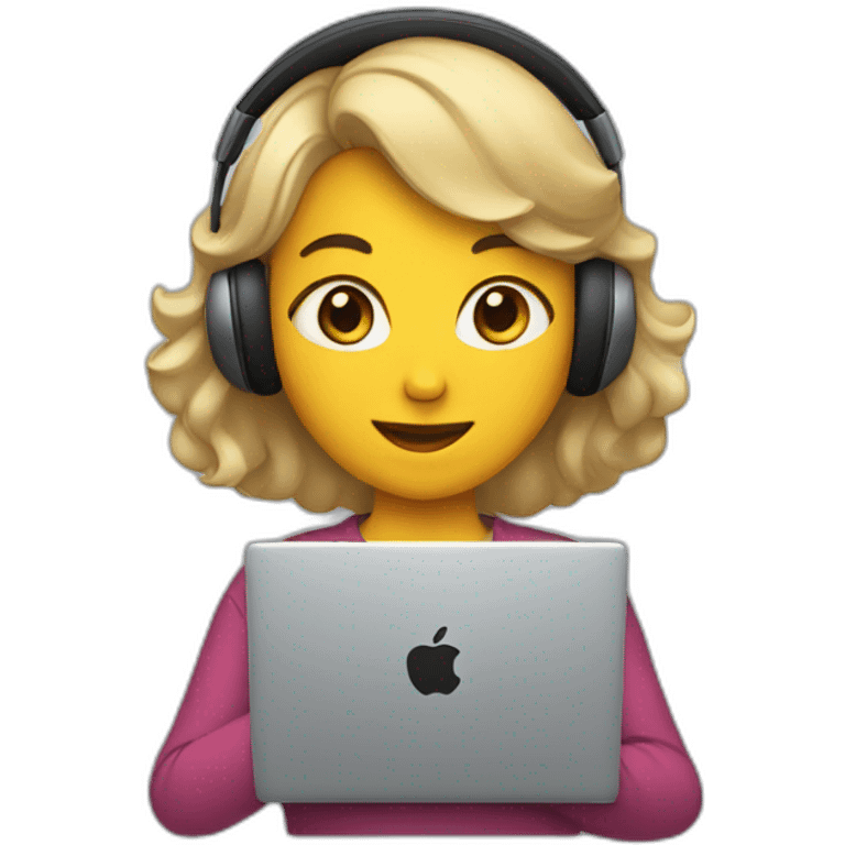 a woman with a laptop and apple headphones emoji