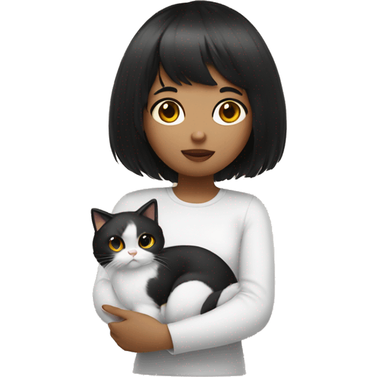 generate an apple emoji of a girl with black hair and bangs holding a white furry cat emoji