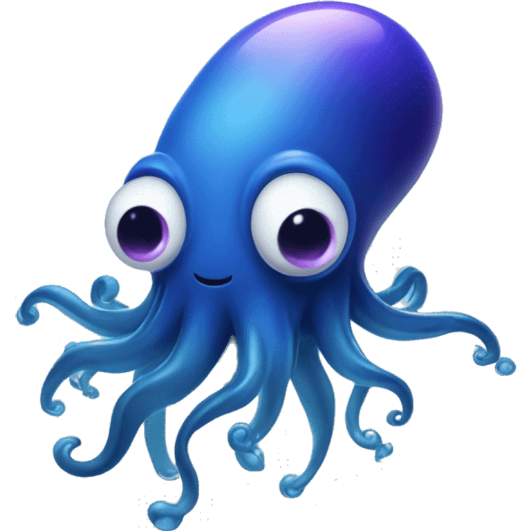 An oblong floating squid in dark blue gradient with happy eyes, a slight violet tint on te end of the tenacles, with bubbles floating around emoji