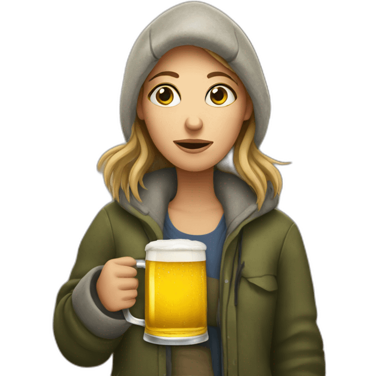 Homeless caucasian woman with beer emoji