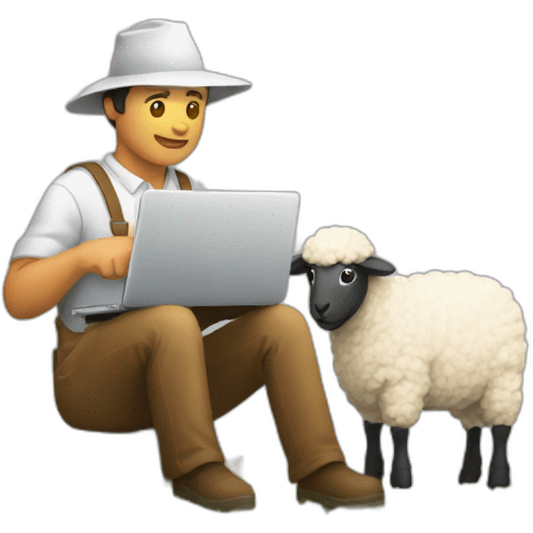 farmer working laptop beside sheep emoji