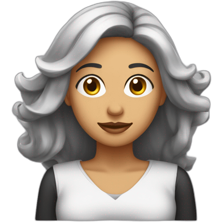 Mujer blanca de cabello negro rulo hasta los hombros trabajando frente al computador  emoji