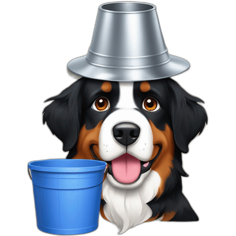 Bernese mountain dog with a bucket on his head emoji