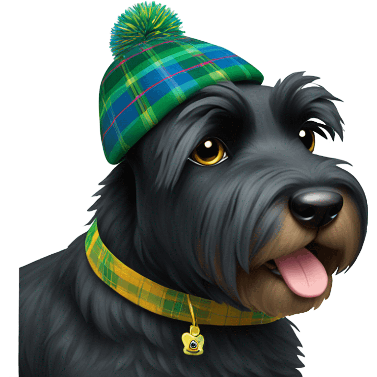 Black Scottie dog wearing a green and blue tartan tan with a yellow Pom Pom on top emoji