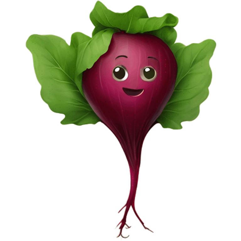 miling beetroot with big expressive eyes, rosy cheeks, and a green leaf on top. Simple and bright design with a cheerful and cartoonish style. emoji