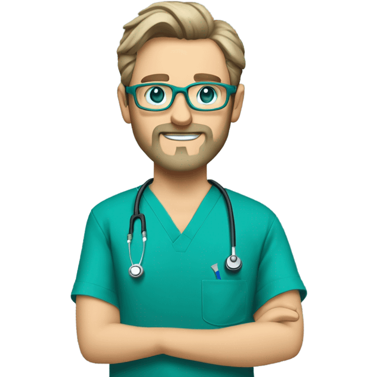 male dark blond with grey beard doctor with blue-green eyes and wire-rimmed glasses in teal scrubs holding a paintbrush and a jigsaw emoji