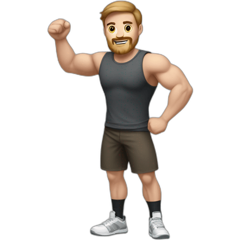 Close up Actively gesturing  with hands Pale skinned Fit Man With the biceps and brown hair in dark gray Sleeveless Mike, black oversize sports shorts, watch and white Sneakers emoji