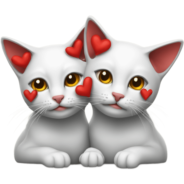 two cats with there heads on each other and red hearts on top emoji