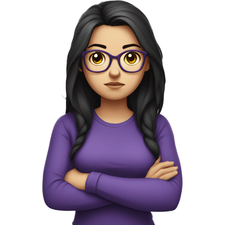 angry scowling white girl, purple t-shirt, long black hair, wearing glasses, with arms crossed over chest. emoji