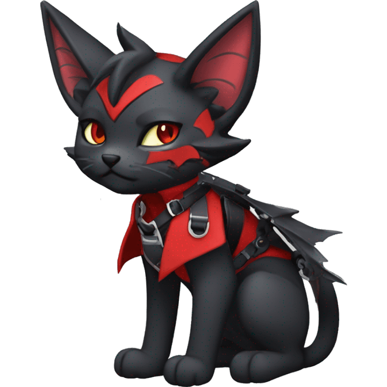 Anthro cool edgy elegant beautiful black punk red fantasy nargacuga-bat-cat-Fakemon collar harness warrior full body emoji