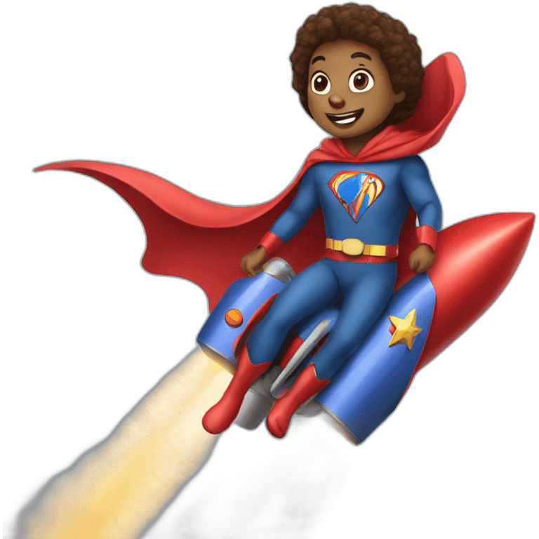 person dressed with a superhero cape but without mask is riding on a rocket emoji