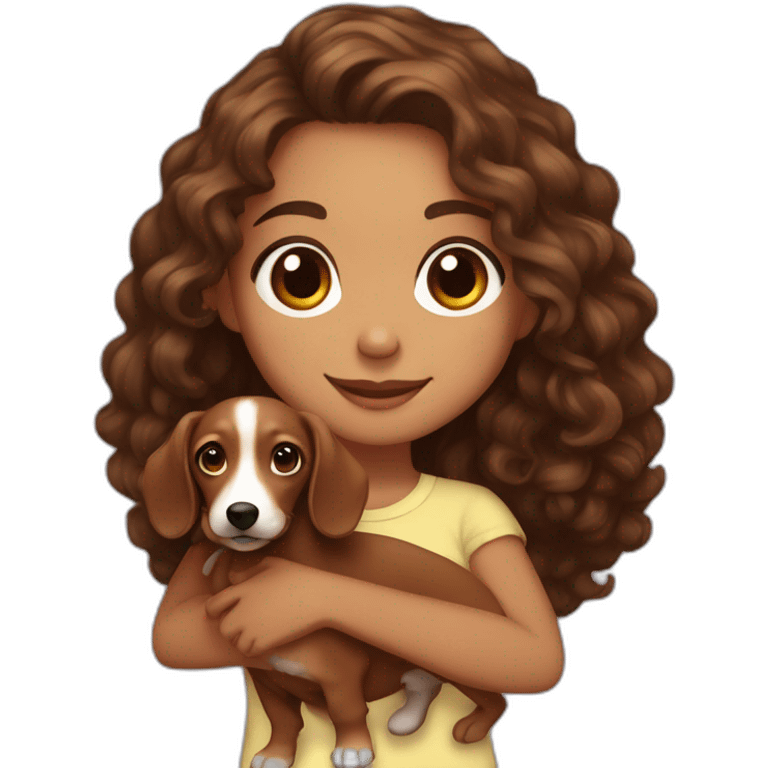 Girl long curly brown hair smiling mixed race et tenant brown eyes and holding a dachshund in her arms emoji