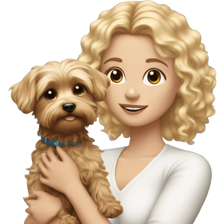 White girl with curly blonde hair holding Yorkie  emoji