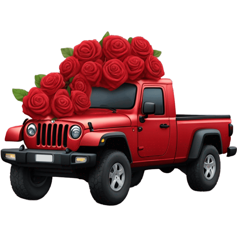 Realistic Red Jeep Gladiator with the truck bed full of roses. emoji