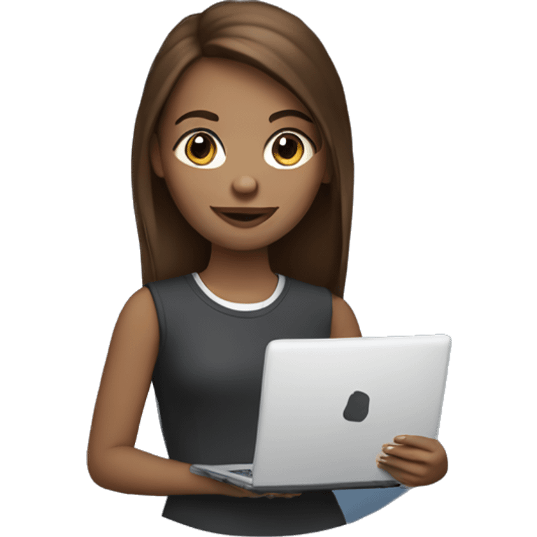 white IT girl student, holding laptop, blue eyes, brown hair emoji