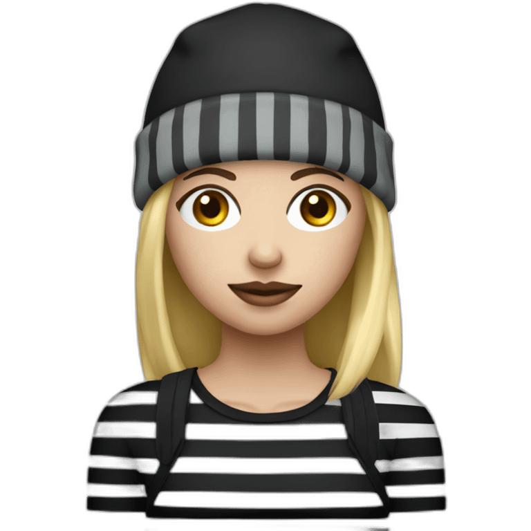 bank robber blonde woman with black beanie hat eye mask and striped shirt emoji