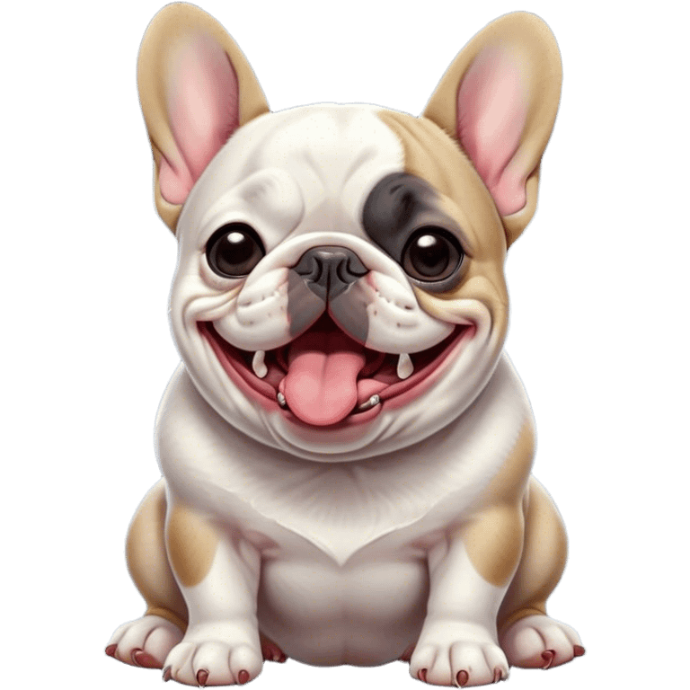 Cinematic Cute Yawning Pied French Bulldog Portrait Emoji, Head tilted with an exaggerated, endearing yawn and sleepy, squinty eyes, showcasing a unique pied fur of contrasting colors with a playful expression, simplified yet irresistibly adorable, highly detailed, glowing with a soft, cozy radiance, high shine, exuding a relaxed, humorous charm, styled with a gentle, soft glowing outline, capturing the essence of a Pied French Bulldog in a blissfully cute yawn that warms the heart! emoji