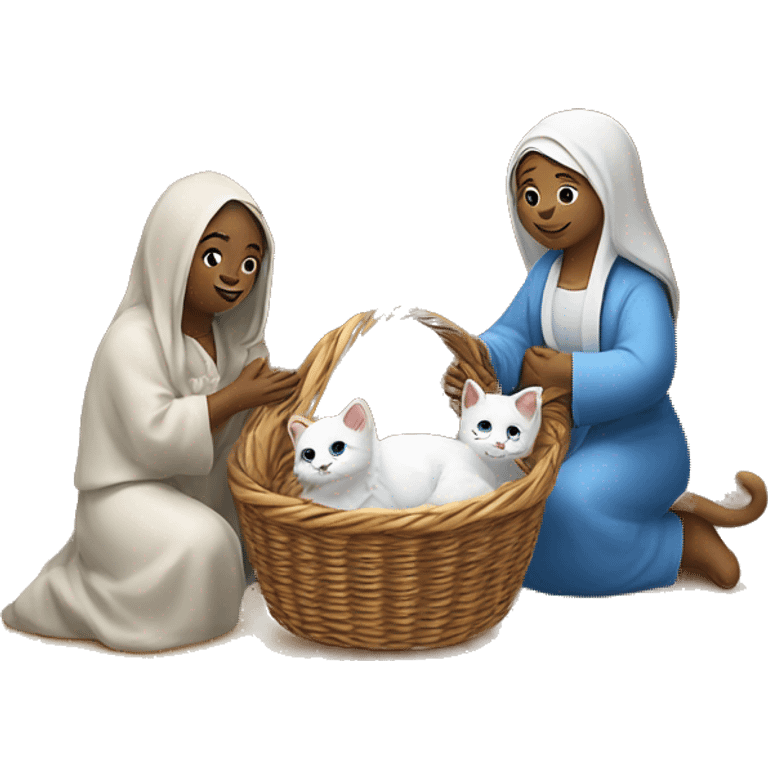 Christmas nativity scene with 1 mother cat and 5 kittens in a basket and a star of Bethlehem ￼ emoji