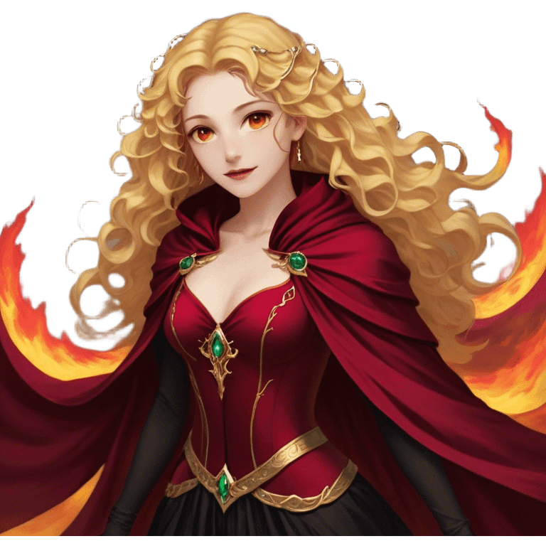 A breathtakingly beautiful female Fae with golden, wavy hair cascading down her back, her amber eyes sparkling with both warmth and untamed power. She wears a fitted black bodice paired with an opulent crimson cloak, the fabric swirling around her like liquid fire. Her lips are curved in a knowing smile, her posture both regal and effortlessly confident emoji