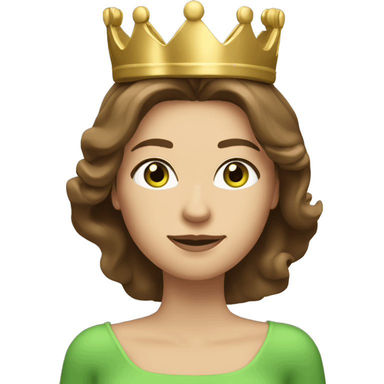 pretty 40 year old woman with grass green eyes and shoulder length straight brown hair gold princess crown emoji