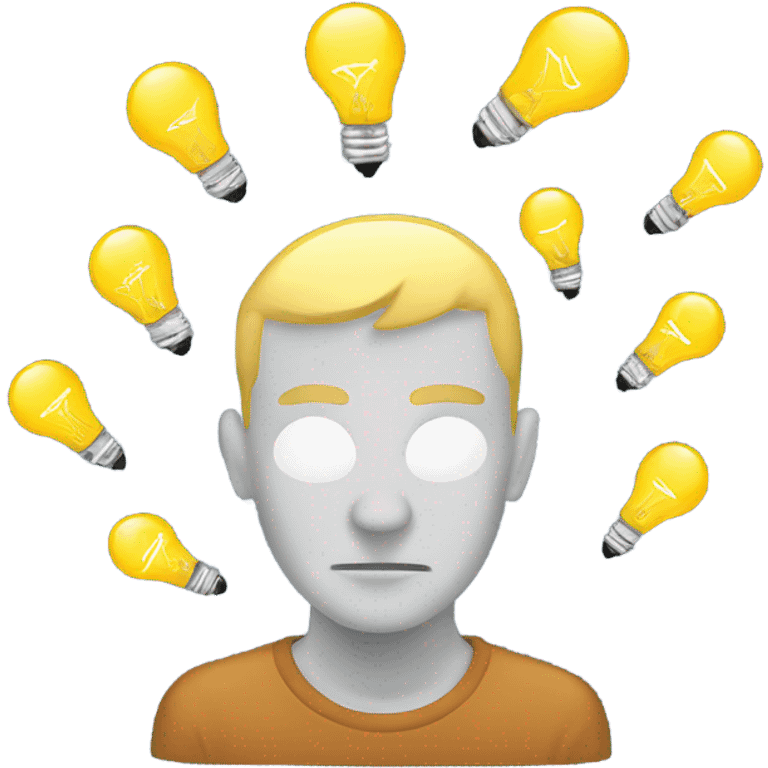 Create an emoji of a person deep in thought, with a pondering expression, as if working on an idea. Small light bulbs float around the head, symbolizing brainstorming and the emergence of creative thoughts. emoji