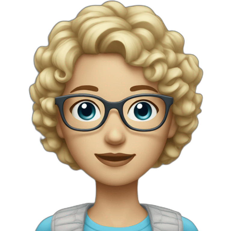 Short curly blond hair girl with blue-gray eyes and square glasses emoji