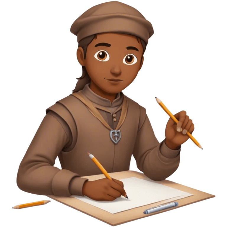 smart medieval painter apprentice with brown clothes drawing paper and pencil emoji