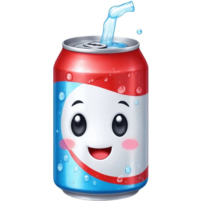 Cute Kawaii Soda Can, bubbly and vibrant, bright red and blue stripes, playful fizz popping around, a chubby happy face with wide sparkling eyes, energetic and refreshing! emoji