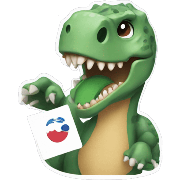 A dinosaur holding a kpop photocard emoji