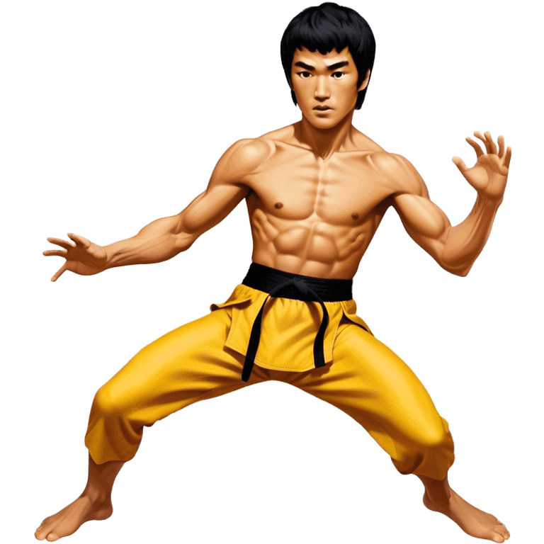 Cinematic Realistic Bruce Lee Portrait Emoji, depicted as a dynamic martial arts icon with an intense gaze and athletic physique caught in a fluid motion, rendered with vivid textures and energetic lighting that embodies his legendary prowess. emoji