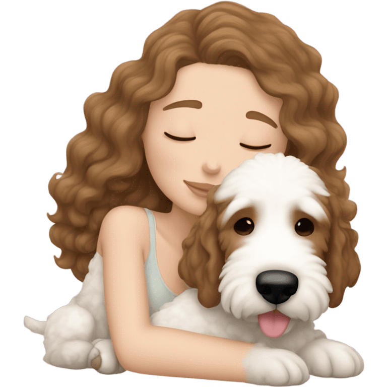 White girl straight  brown hair sleeping with cream golden doodle puppy  emoji